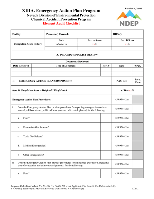Form XIIIA Emergency Action Plan Program Element Audit Checklist - Nevada