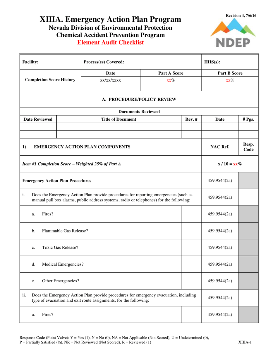 Form XIIIA Emergency Action Plan Program Element Audit Checklist - Nevada, Page 1