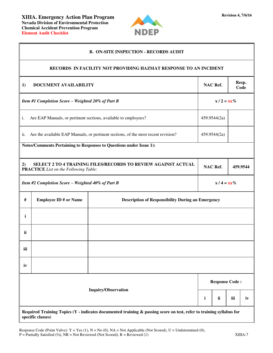 Form XIIIA Emergency Action Plan Program Element Audit Checklist - Nevada, Page 7