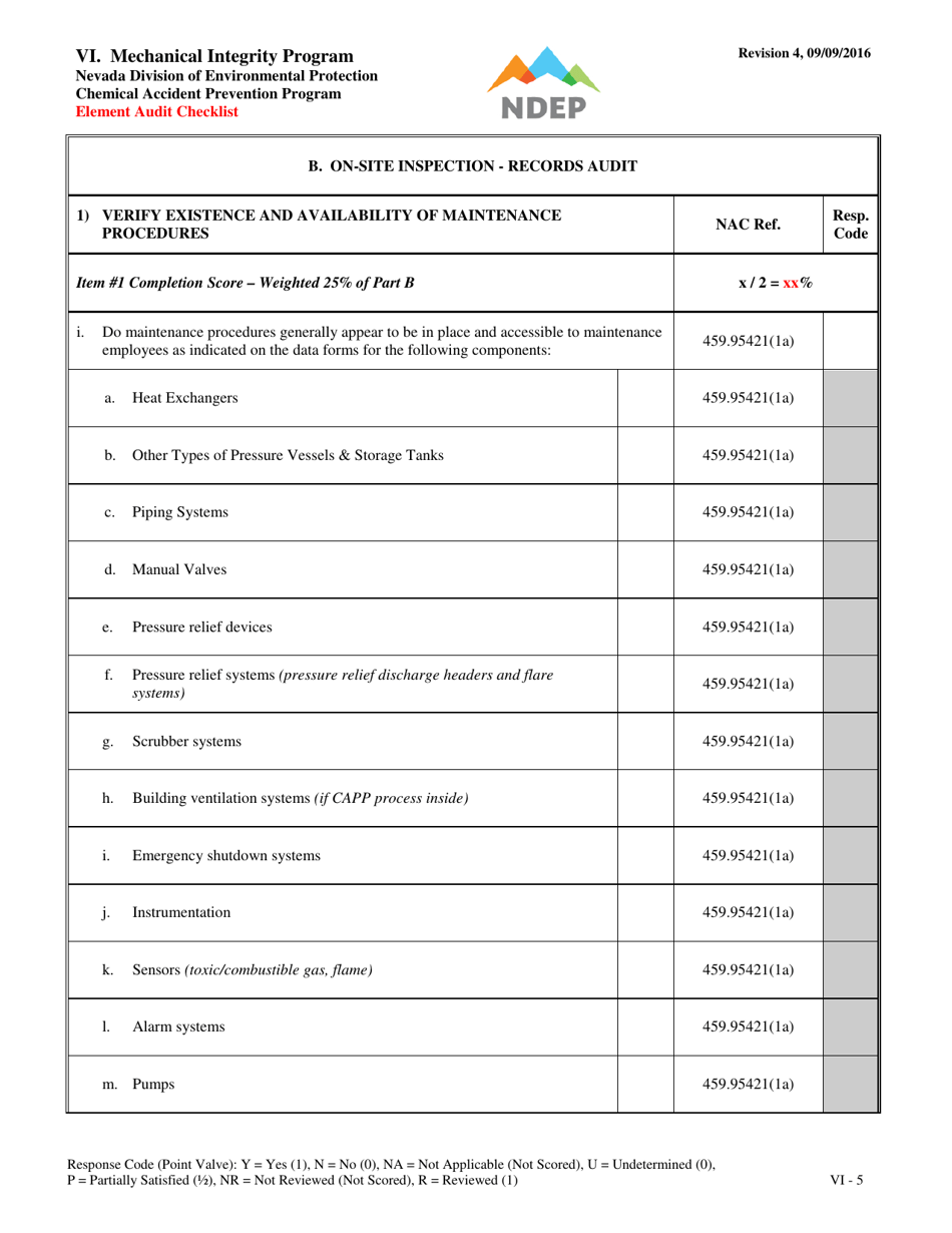 Form VI Mechanical Integrity Program Element Audit Checklist - Nevada, Page 5