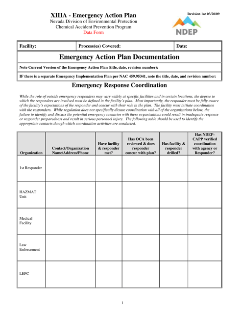 Form XIIIA Emergency Action Plan Documentation Data Form - Nevada