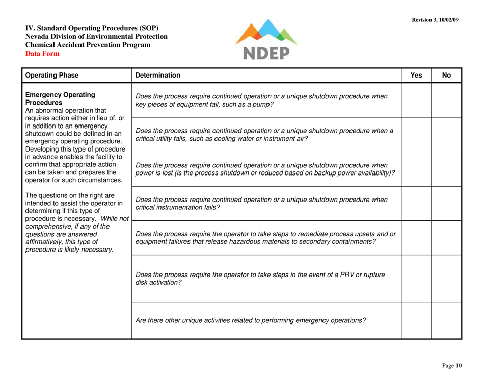Form IV Standard Operating Procedures (Sops) Data Form - Determination of Required Procedures - Nevada, Page 10