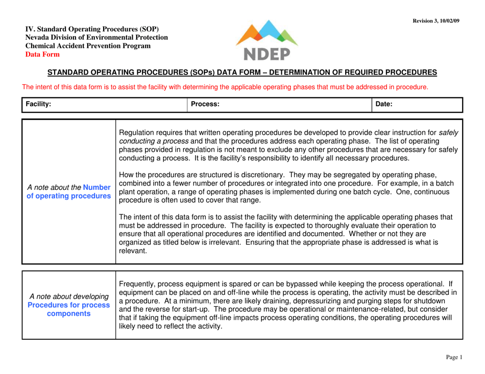 Form IV Standard Operating Procedures (Sops) Data Form - Determination of Required Procedures - Nevada, Page 1
