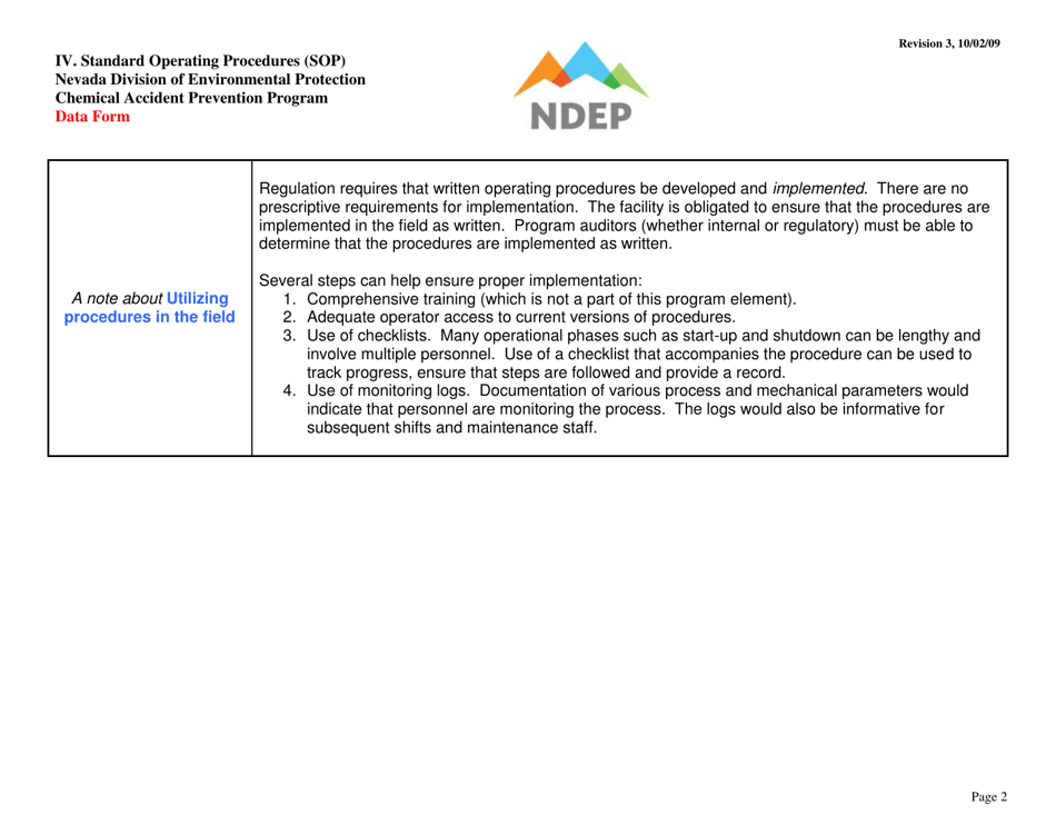 Form IV Standard Operating Procedures (Sops) Data Form - Determination of Required Procedures - Nevada, Page 2