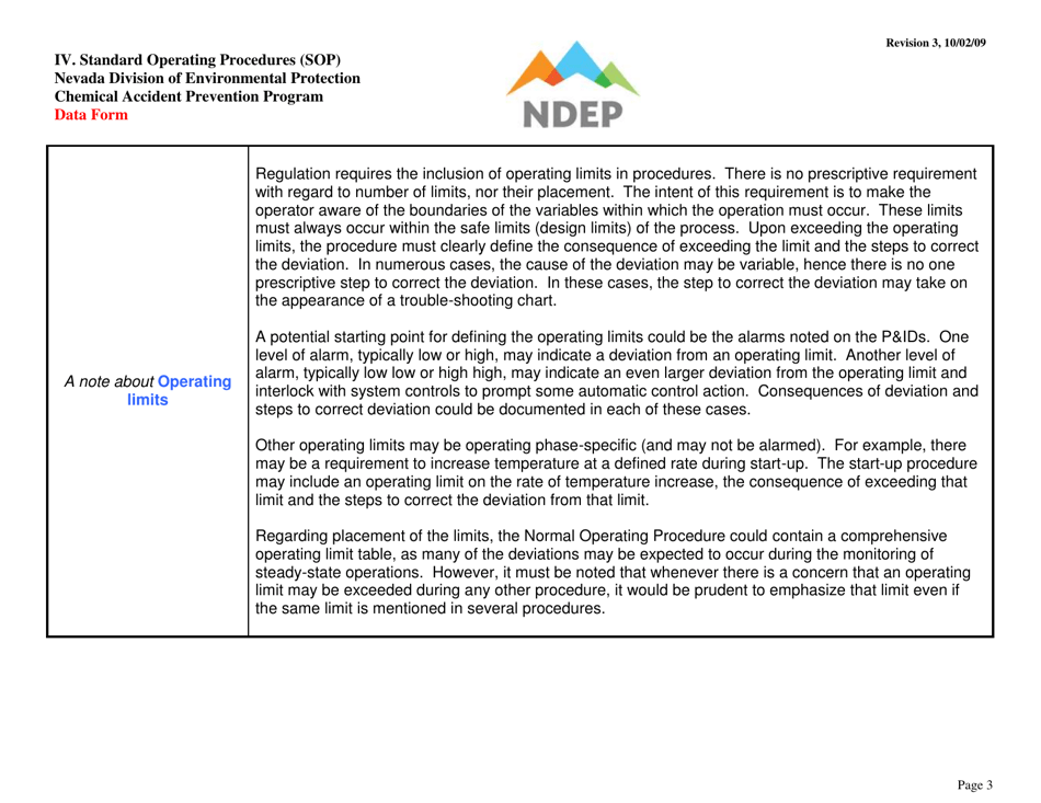Form IV Standard Operating Procedures (Sops) Data Form - Determination of Required Procedures - Nevada, Page 3