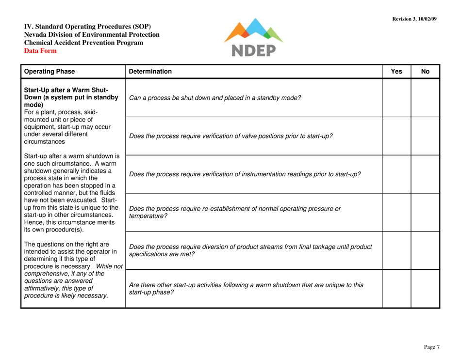 Form IV Standard Operating Procedures (Sops) Data Form - Determination of Required Procedures - Nevada, Page 7