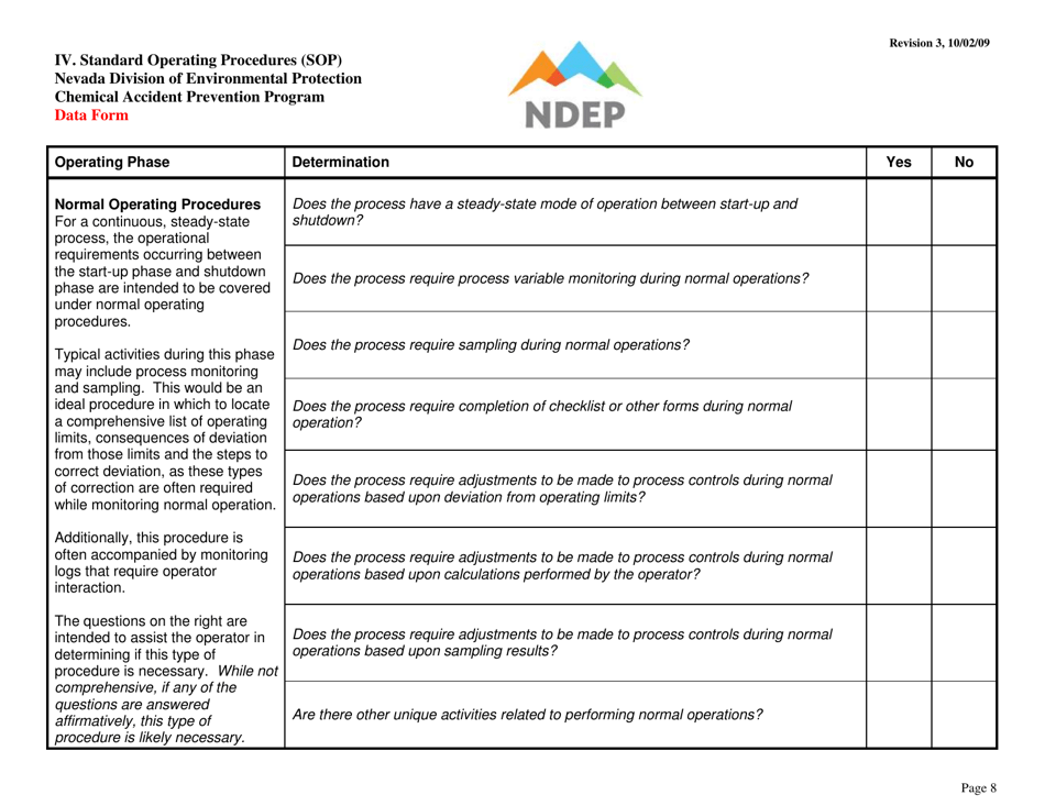 Form IV Standard Operating Procedures (Sops) Data Form - Determination of Required Procedures - Nevada, Page 8