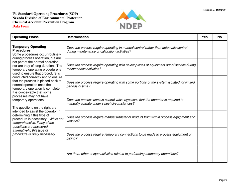 Form IV Standard Operating Procedures (Sops) Data Form - Determination of Required Procedures - Nevada, Page 9