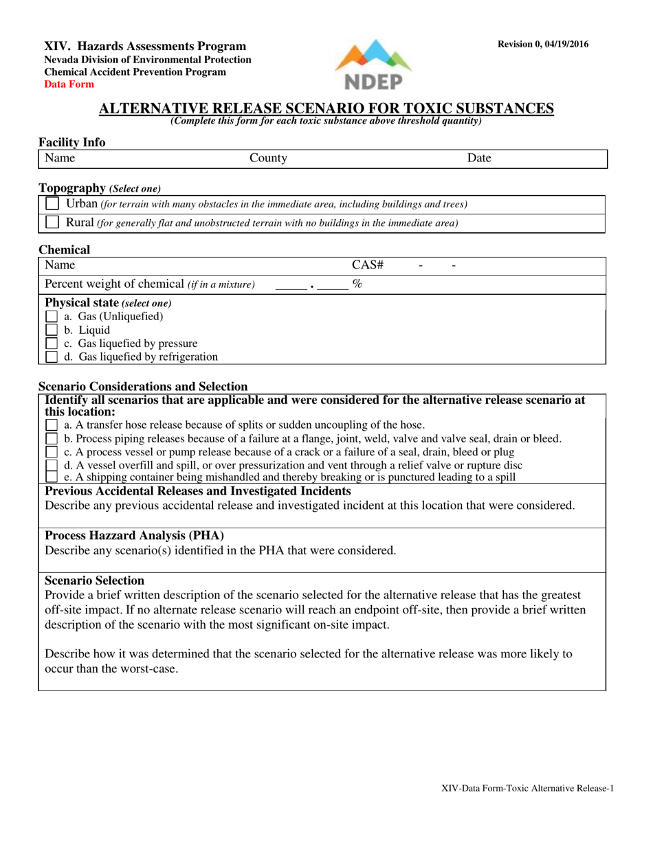 Form XIV Alternative Release Scenario for Toxic Substances Data Form - Nevada, Page 1