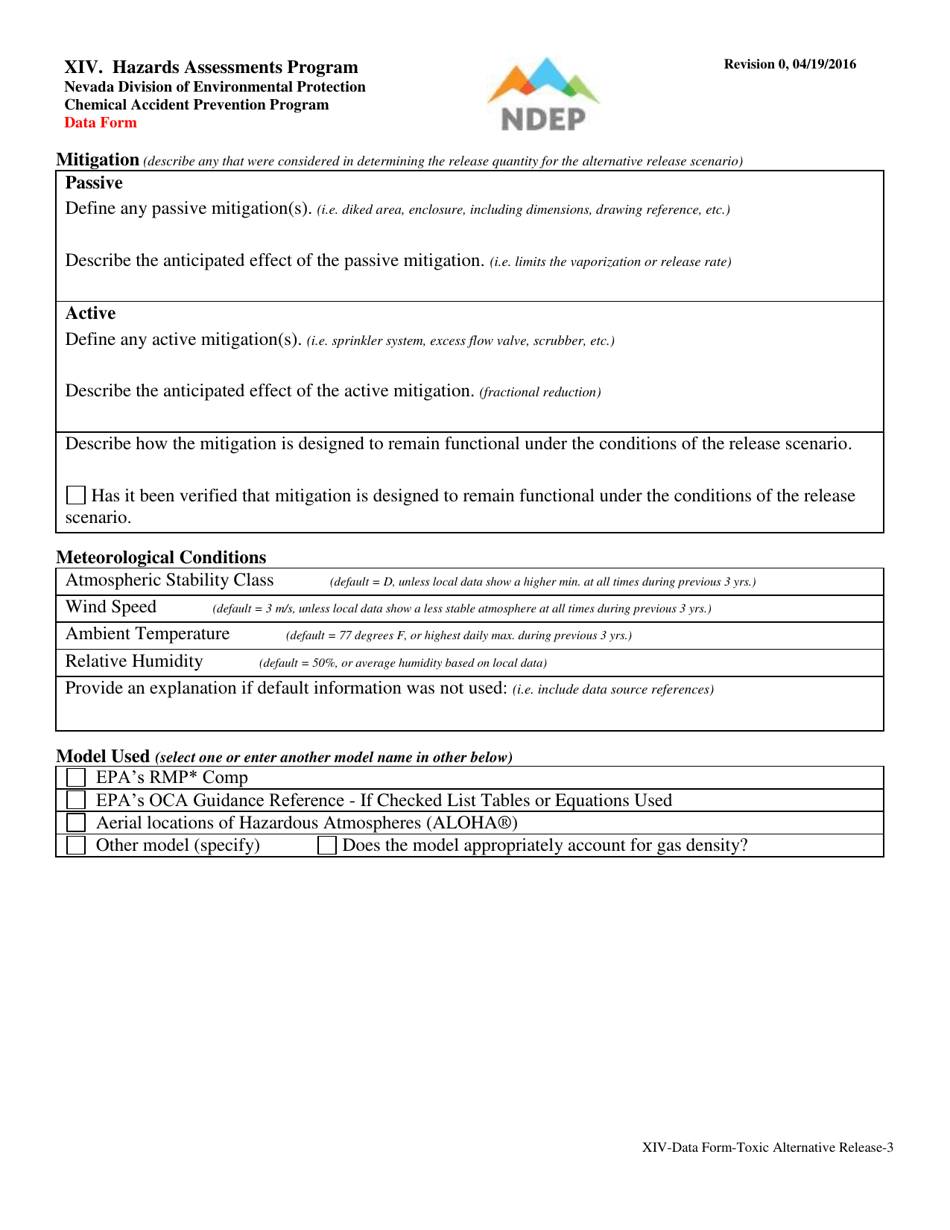 Form XIV Alternative Release Scenario for Toxic Substances Data Form - Nevada, Page 3