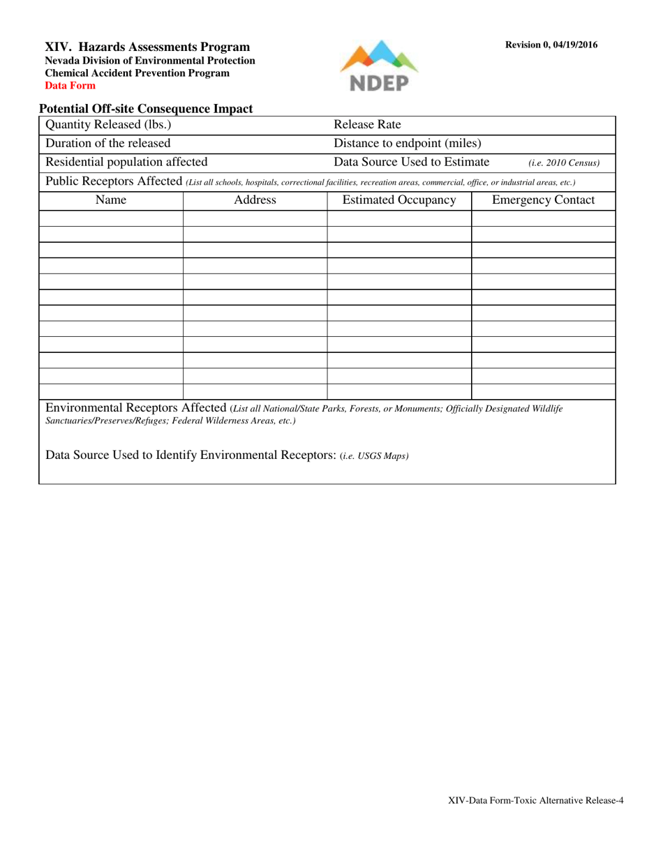 Form XIV Alternative Release Scenario for Toxic Substances Data Form - Nevada, Page 4