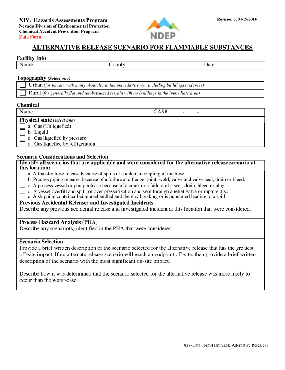 Form XIV Alternative Release Scenario for Flammable Substances Data Form - Nevada, Page 1