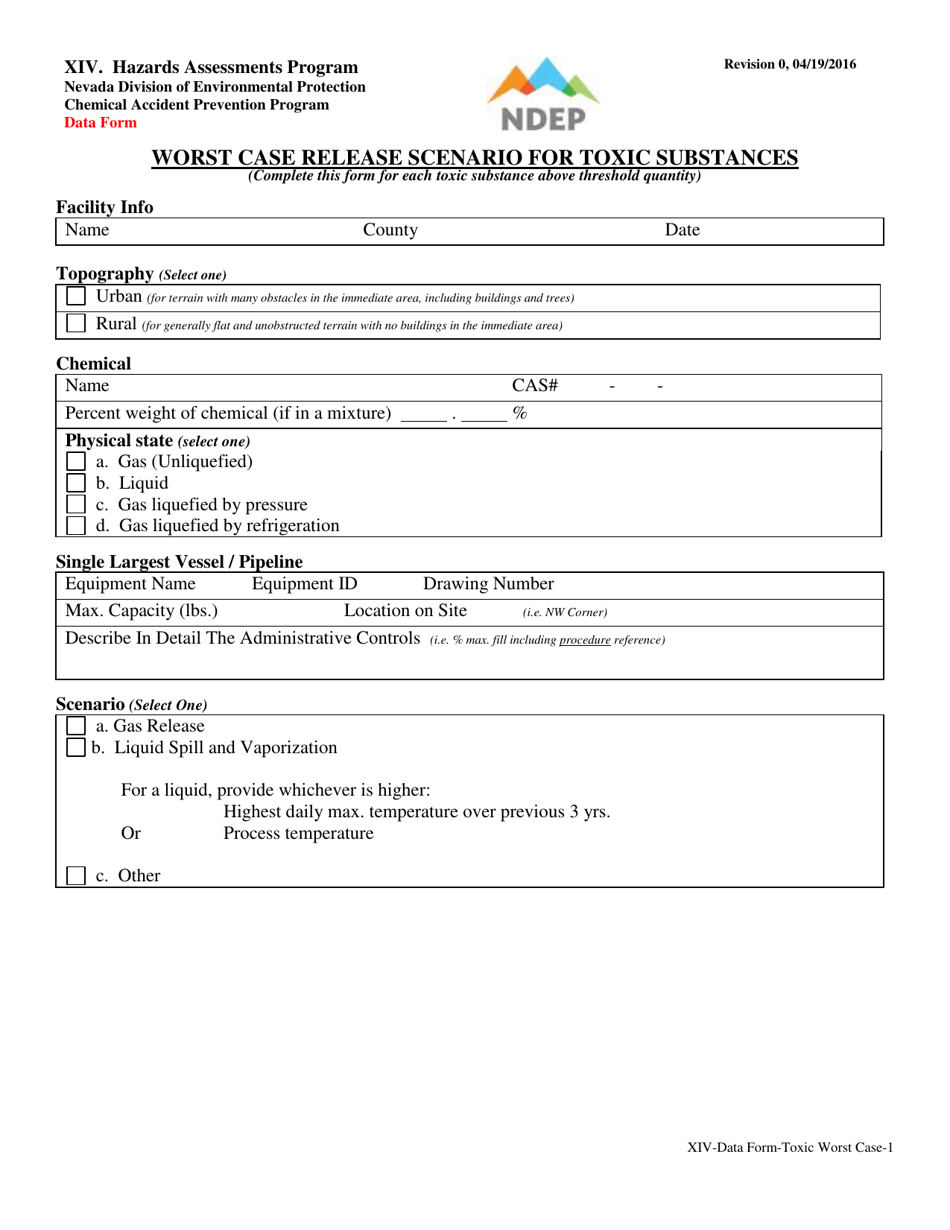 Form XIV Worst Case Release Scenario for Toxic Substances Data Form - Nevada, Page 1
