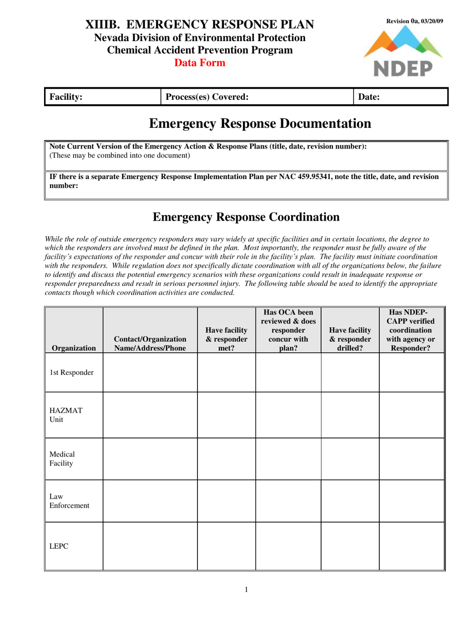 Form XIIIB Emergency Response Documentation Data Form - Nevada, Page 1