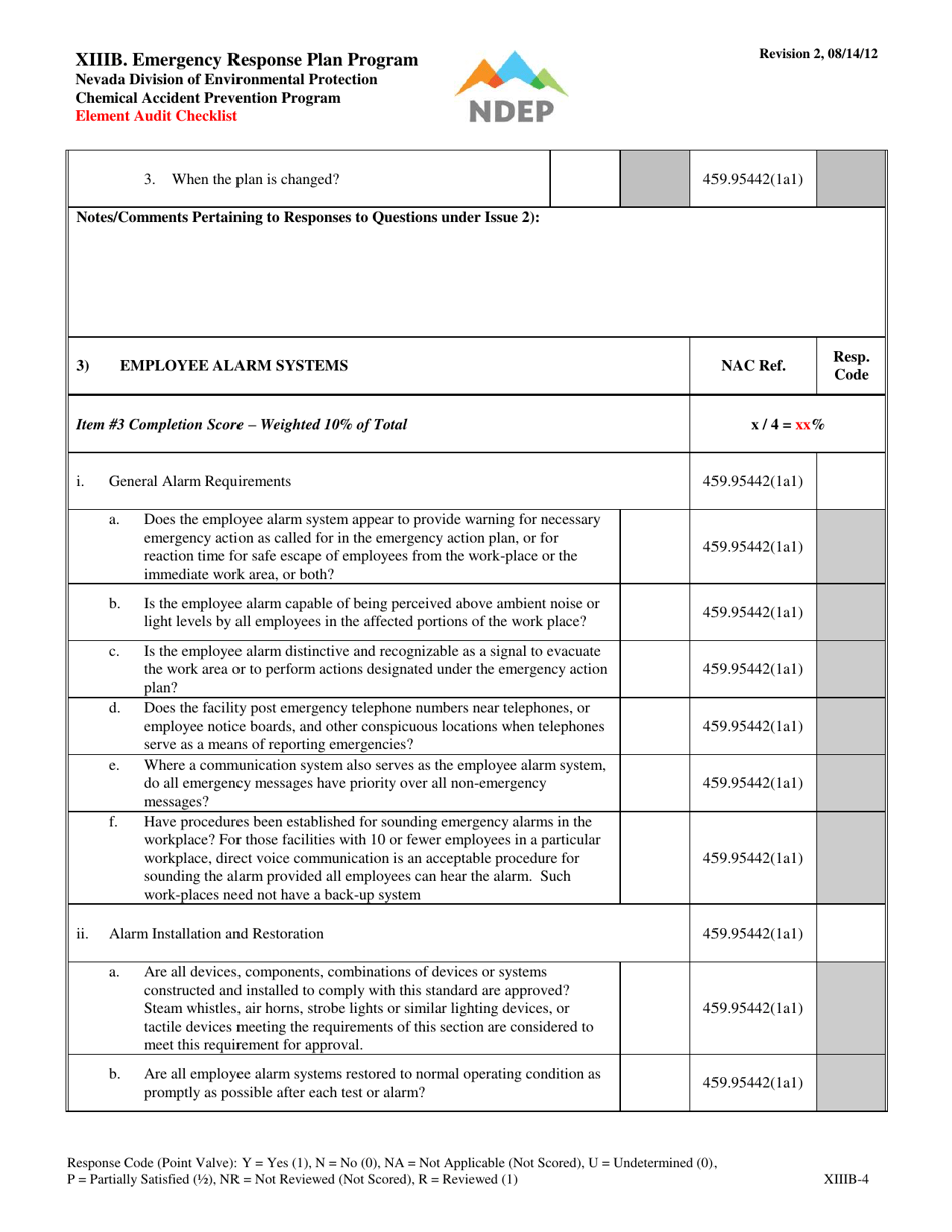 Form XIIIB Emergency Response Plan Element Audit Checklist - Nevada, Page 4