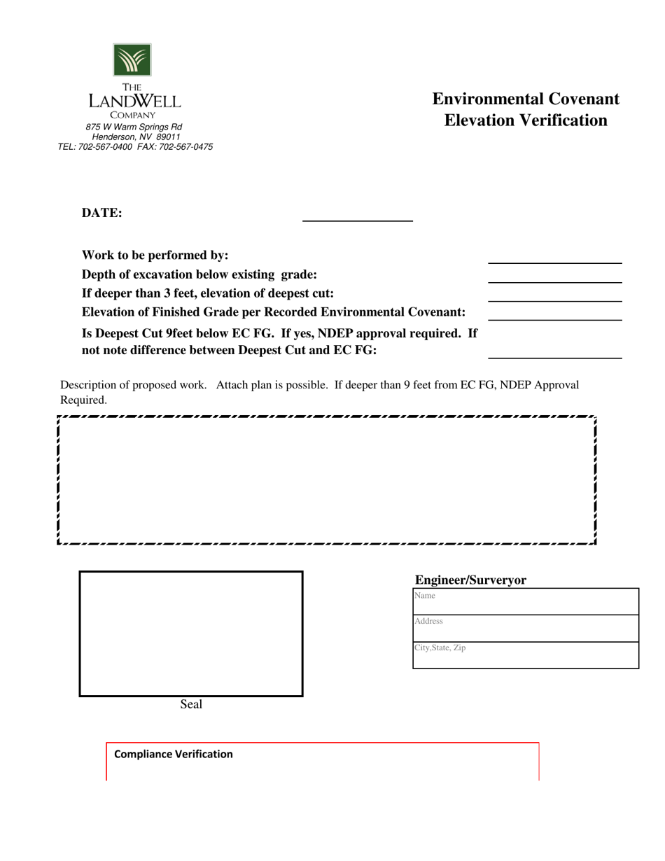 Cadence Environmental Covenant Elevation Verification Form - Nevada, Page 1