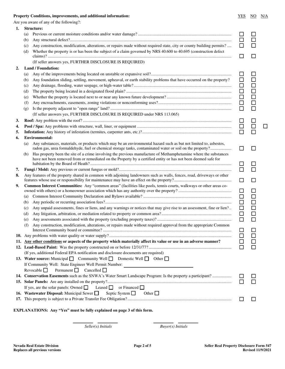 Form 547 Sellers Real Property Disclosure Form - Nevada, Page 2