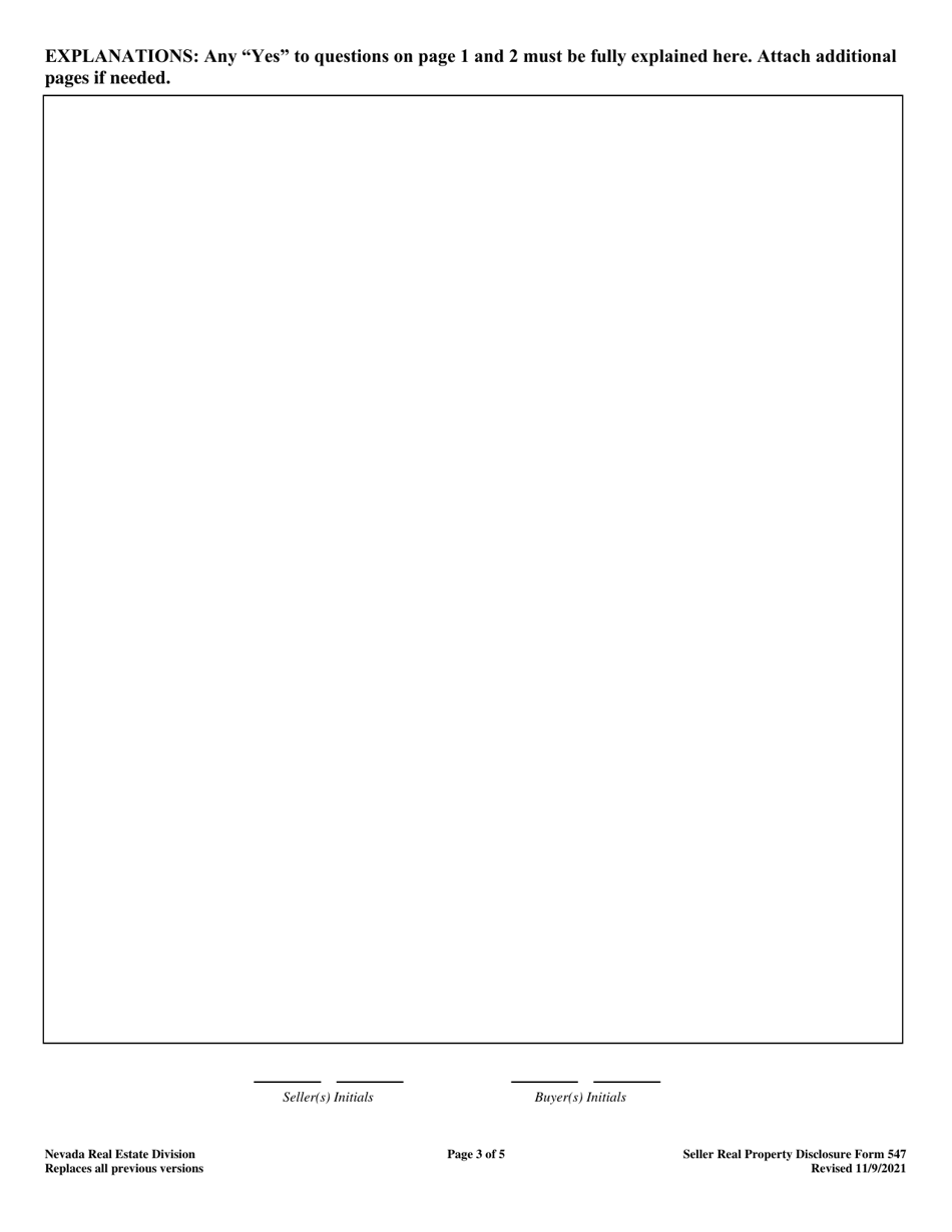 Form 547 Sellers Real Property Disclosure Form - Nevada, Page 3