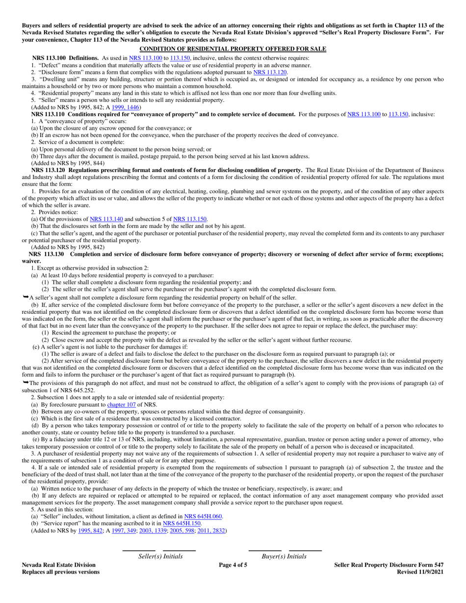 Form 547 Sellers Real Property Disclosure Form - Nevada, Page 4
