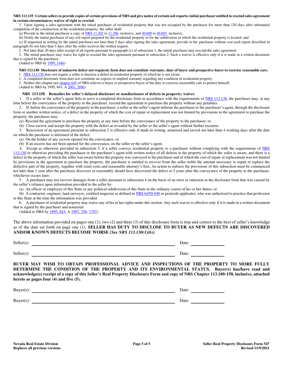 Form 547 Sellers Real Property Disclosure Form - Nevada, Page 5