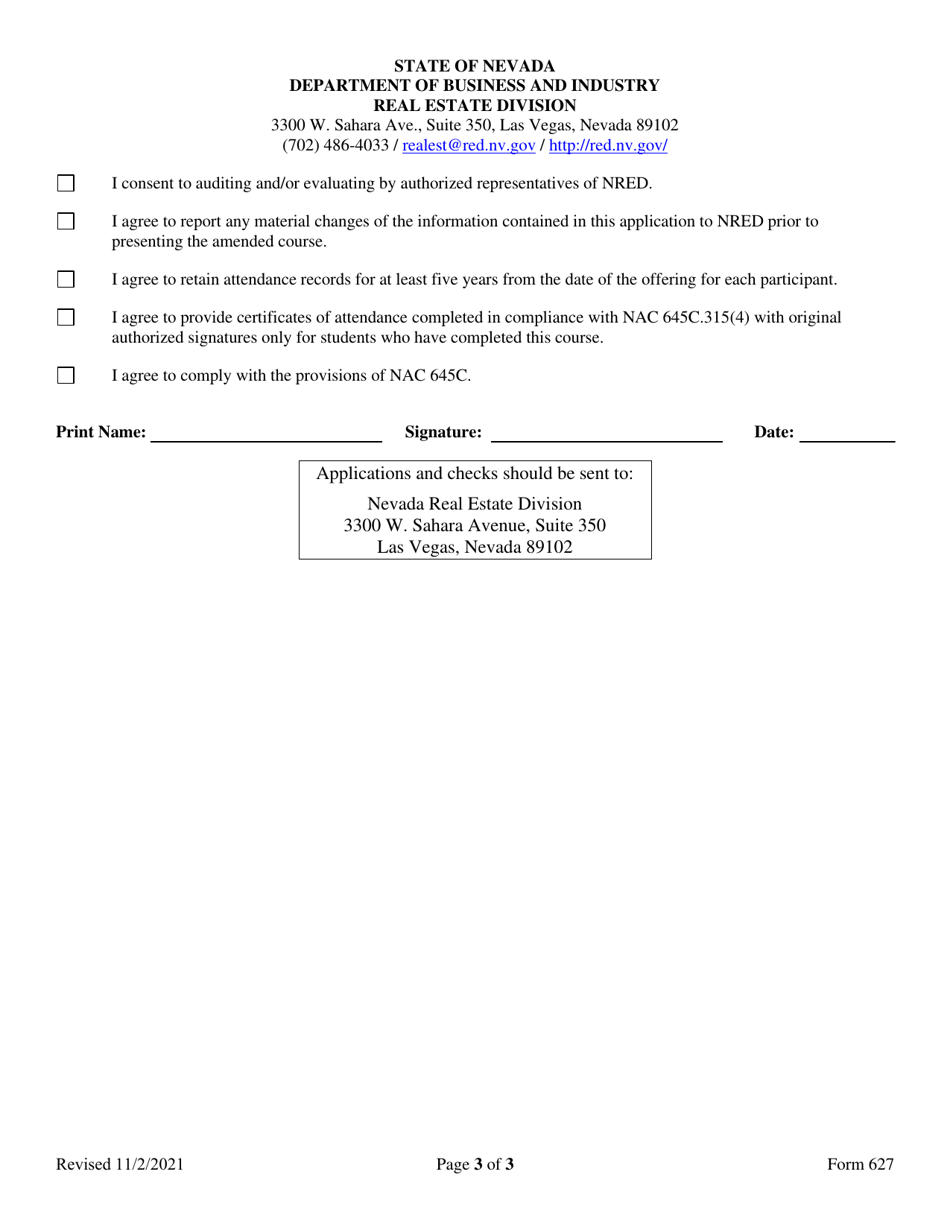 Form 627 Appraisal Pre-licensing Education Course Renewal Application: in-State Providers - Nevada, Page 3