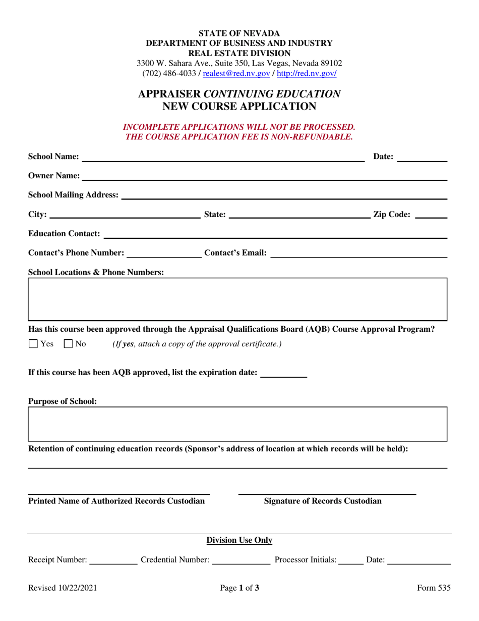 Form 535 Appraiser Continuing Education New Course Application - Nevada, Page 1