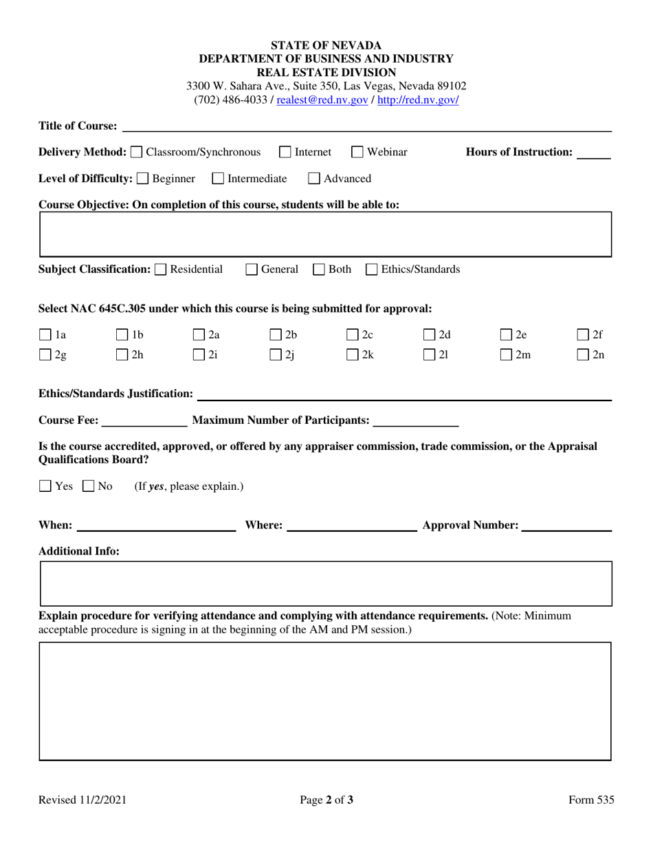 Form 535 - Fill Out, Sign Online and Download Fillable PDF, Nevada ...