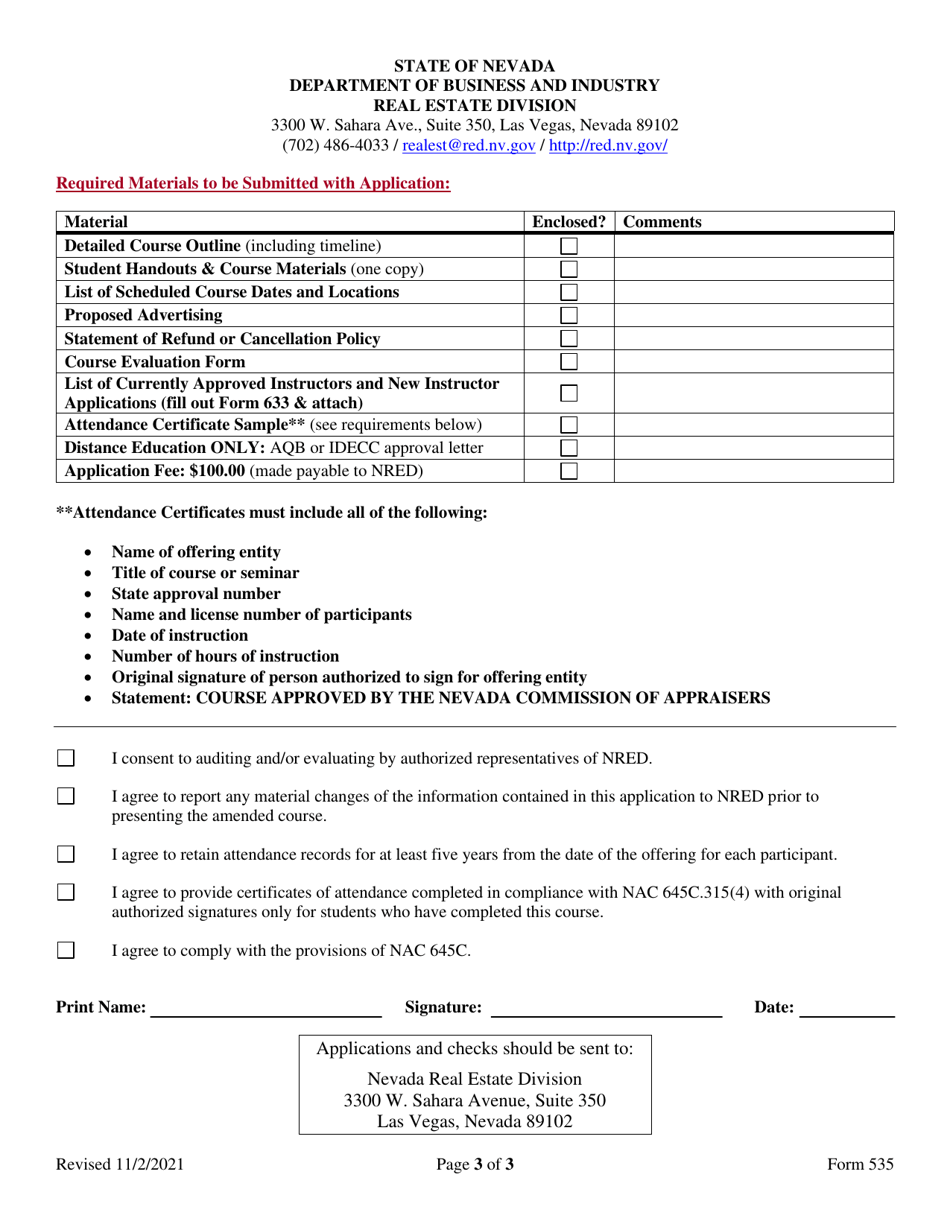 Form 535 Appraiser Continuing Education New Course Application - Nevada, Page 3