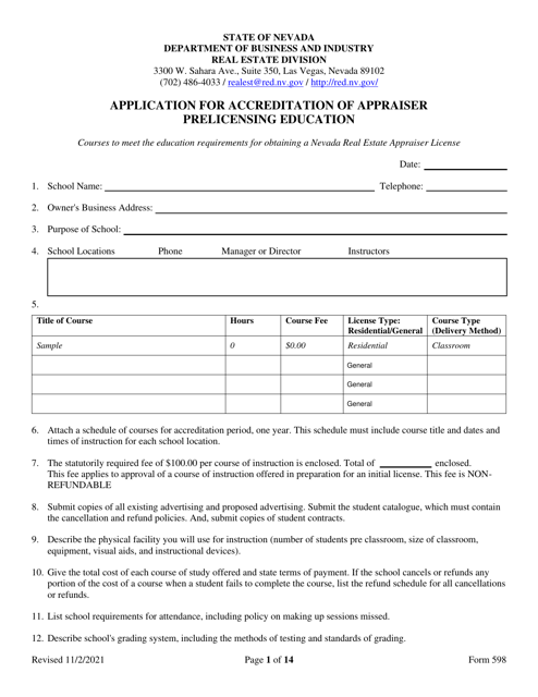 Form 598 Application for Accreditation of Appraiser Prelicensing Education - Nevada