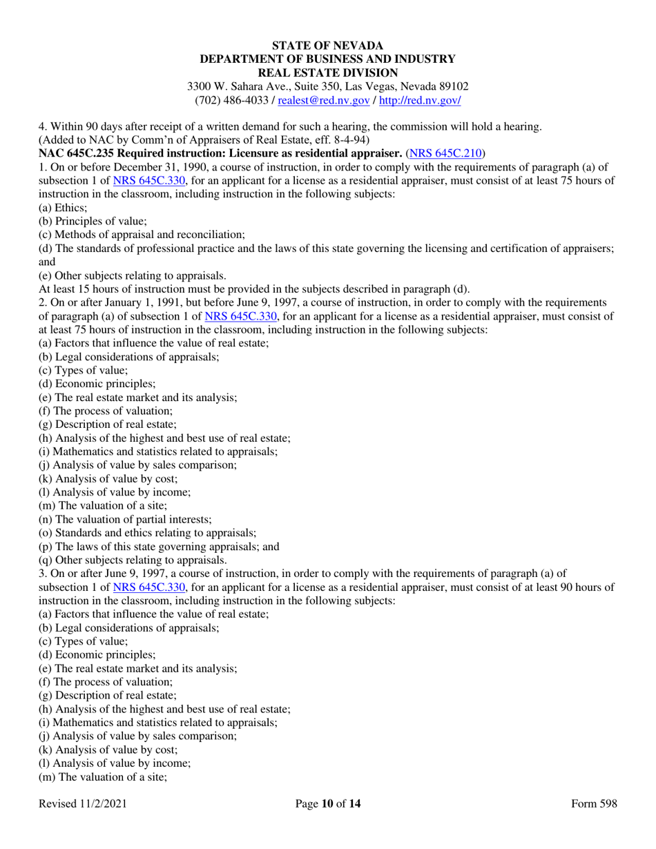 Form 598 Application for Accreditation of Appraiser Prelicensing Education - Nevada, Page 10