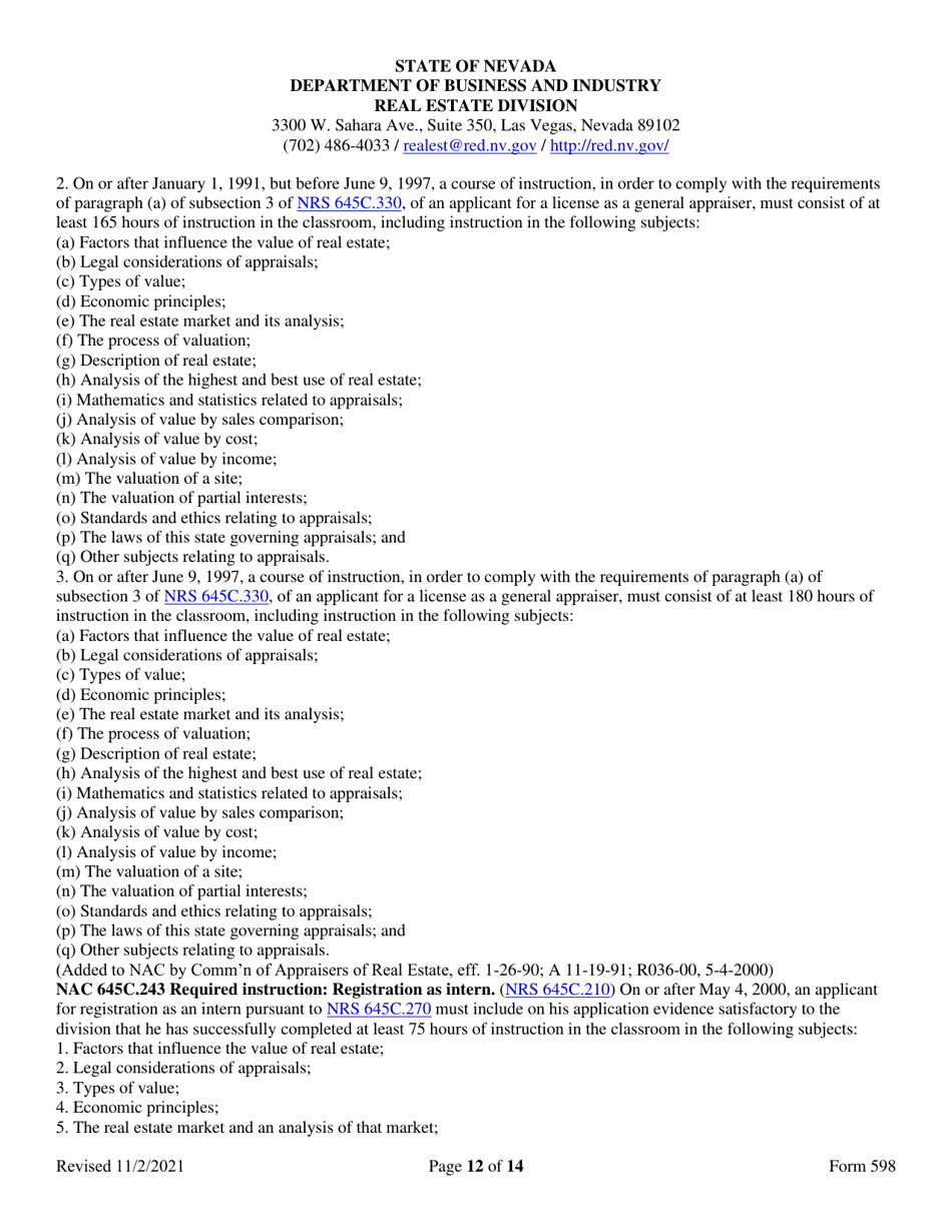 Form 598 Application for Accreditation of Appraiser Prelicensing Education - Nevada, Page 12