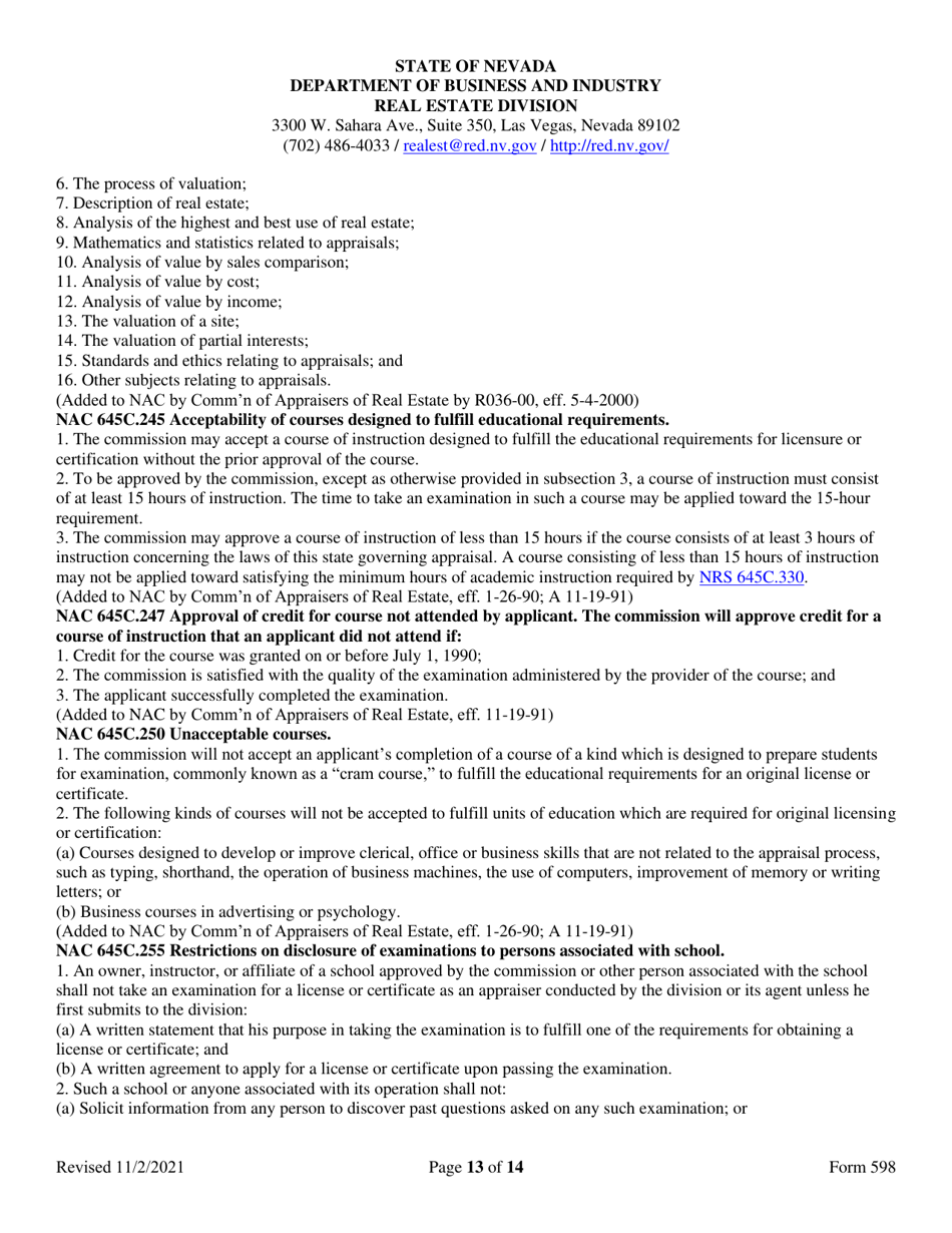 Form 598 Application for Accreditation of Appraiser Prelicensing Education - Nevada, Page 13