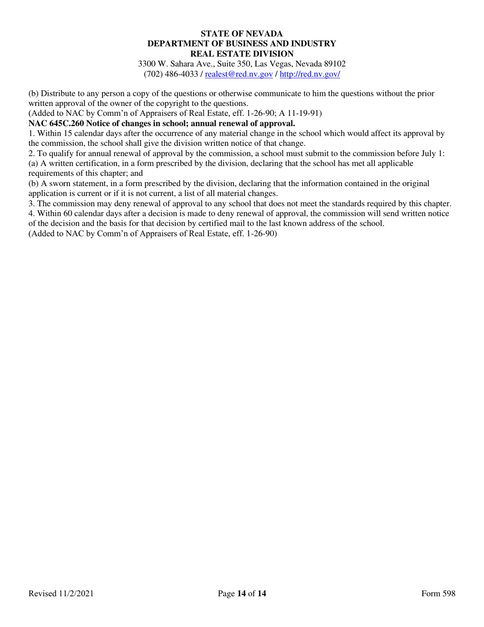 Form 598 Application for Accreditation of Appraiser Prelicensing Education - Nevada, Page 14