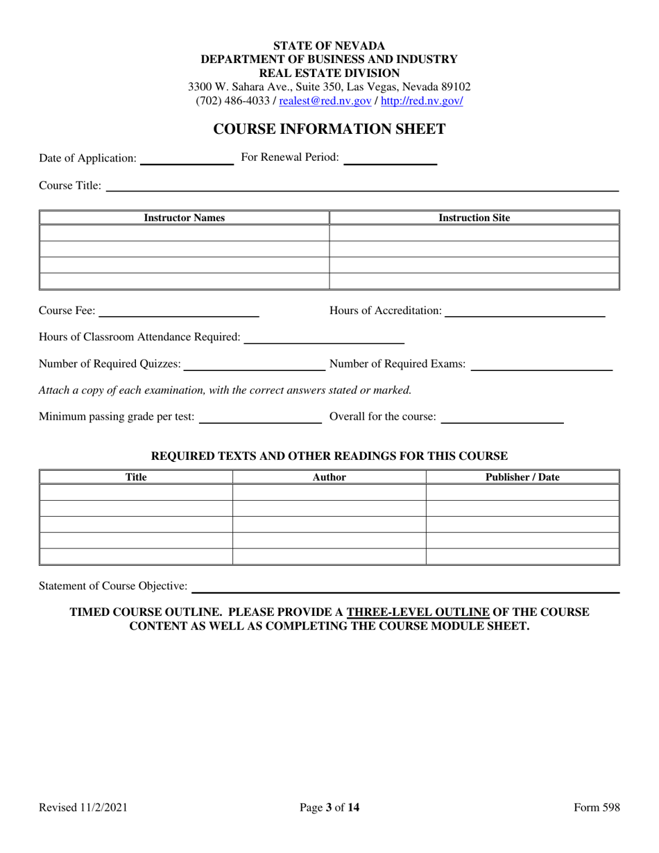 Form 598 Application for Accreditation of Appraiser Prelicensing Education - Nevada, Page 3