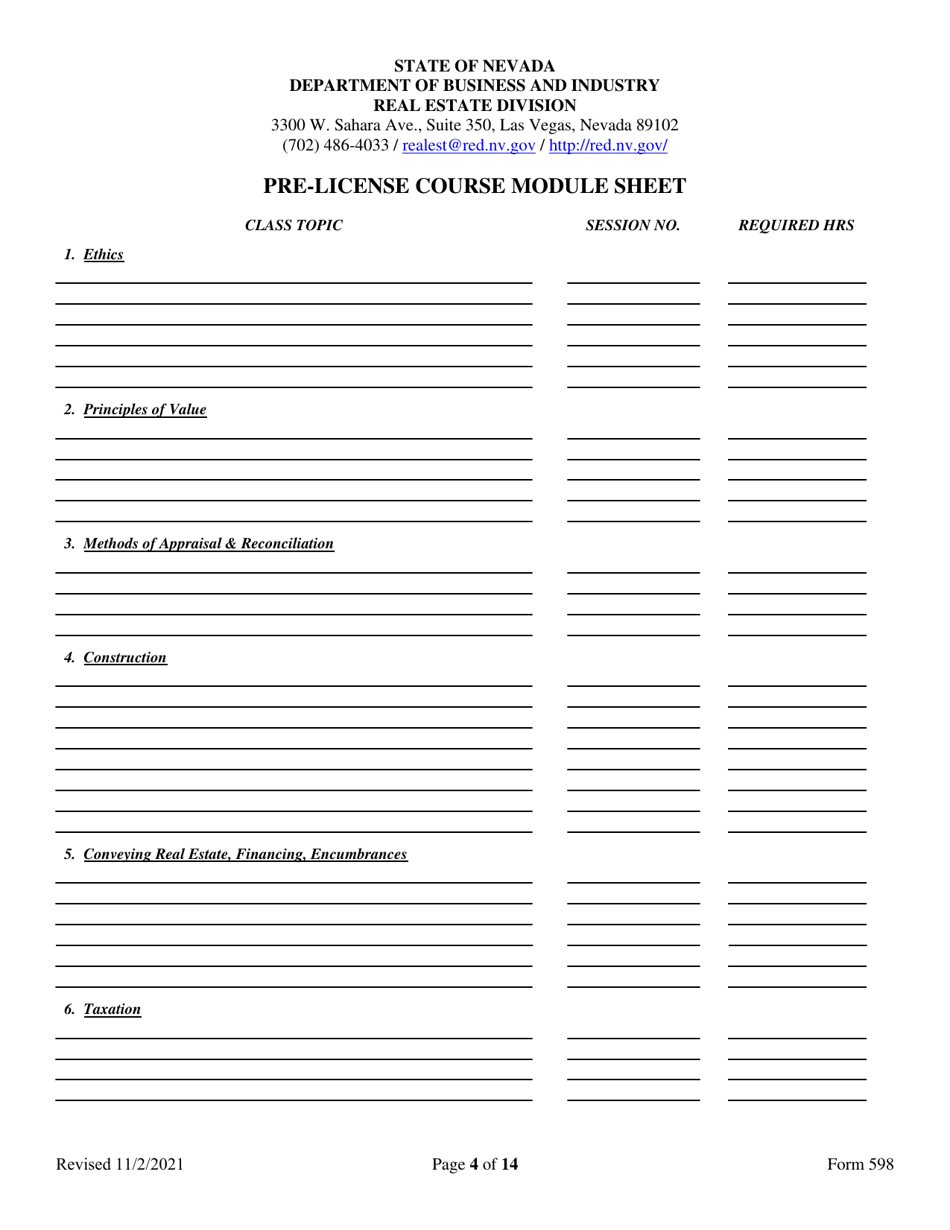 Form 598 Application for Accreditation of Appraiser Prelicensing Education - Nevada, Page 4