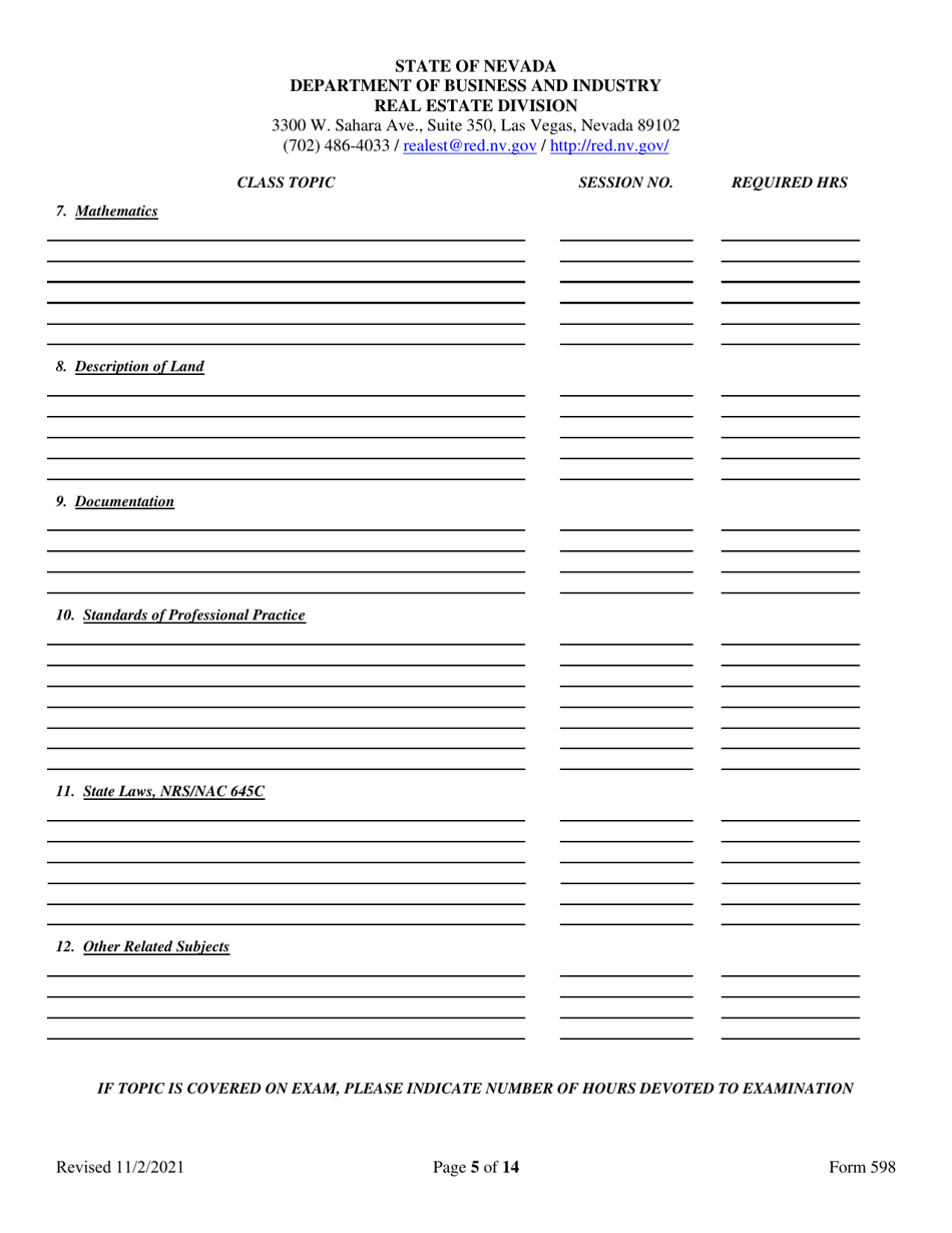 Form 598 Application for Accreditation of Appraiser Prelicensing Education - Nevada, Page 5