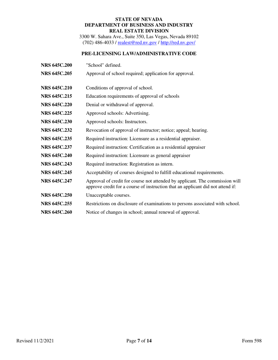 Form 598 Application for Accreditation of Appraiser Prelicensing Education - Nevada, Page 7