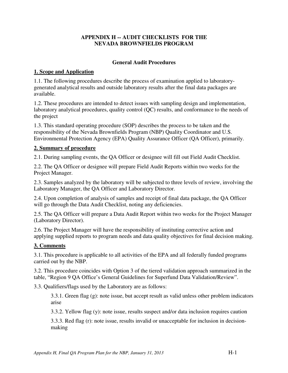 Appendix H Audit Checklists for the Nevada Brownfields Program - Nevada, Page 3