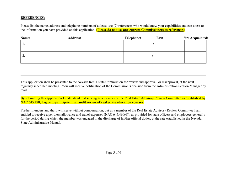 Real Estate Advisory Review Committee Reviewer Application Form - Nevada, Page 5