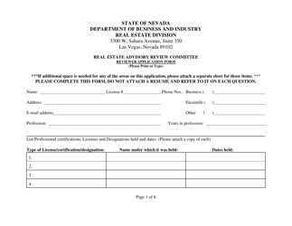 Document preview: Real Estate Advisory Review Committee Reviewer Application Form - Nevada
