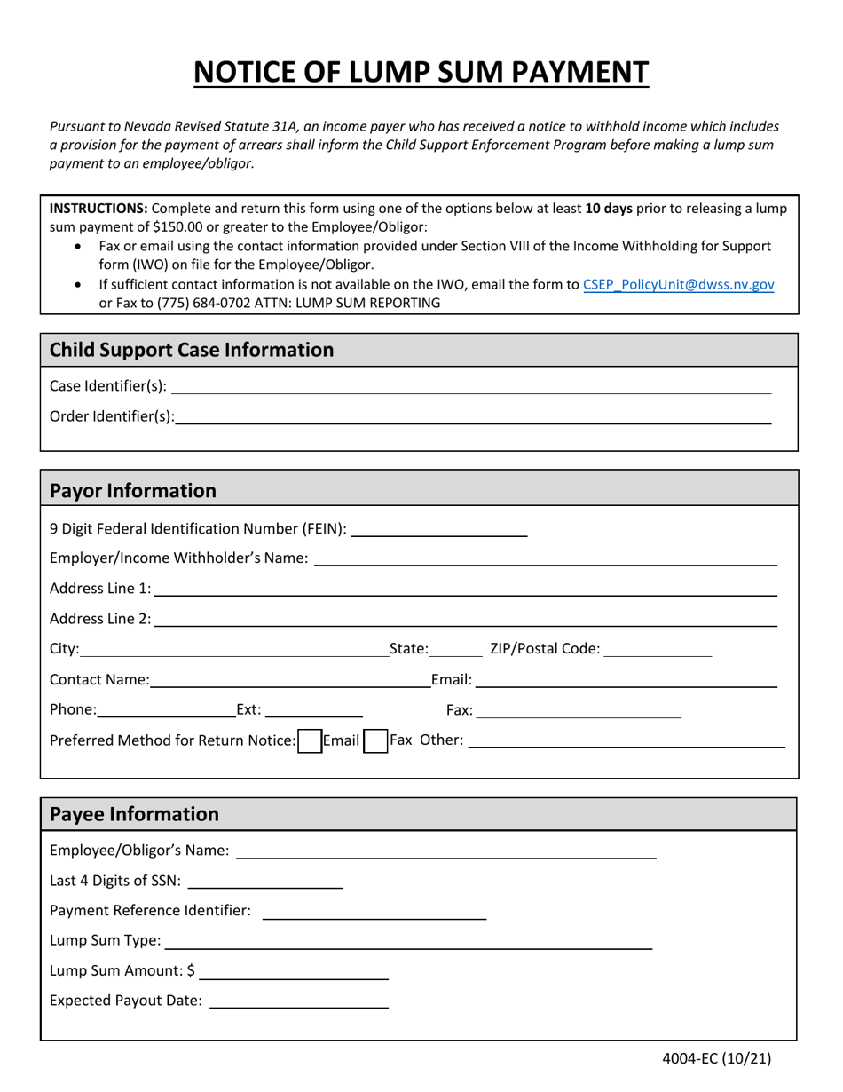 Form 4004-EC Notice of Lump Sum Payment - Nevada, Page 1