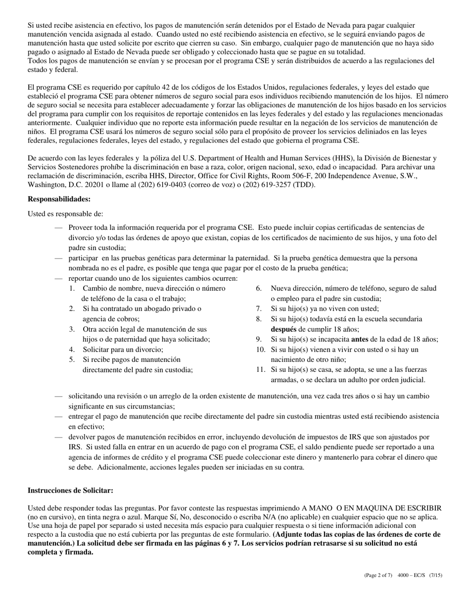 Formulario 4000-EC / S Solicitud De Manutencion De Los Hijos - Nevada (Spanish), Page 2