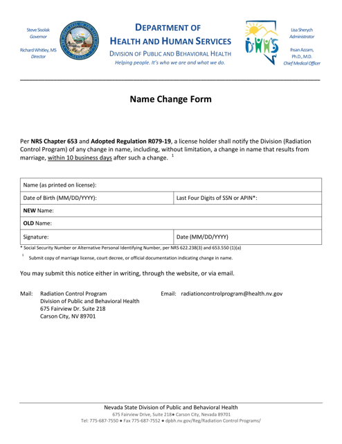 Name Change Form - Radiation Control Program - Nevada Download Pdf