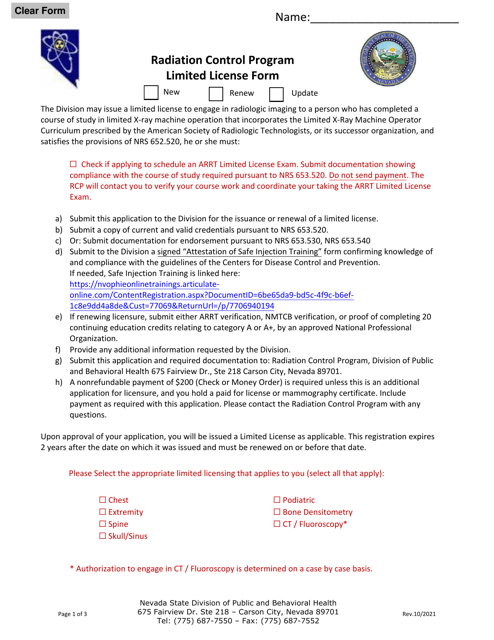 Limited License Form - Radiation Control Program - Nevada Download Pdf