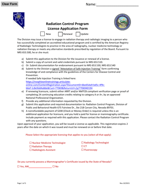 License Application Form - Radiation Control Program - Nevada Download Pdf