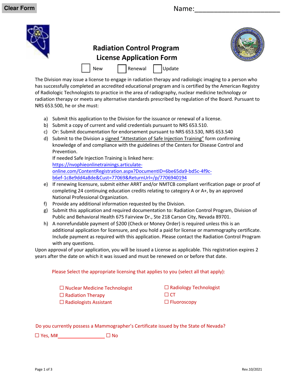 License Application Form - Radiation Control Program - Nevada, Page 1