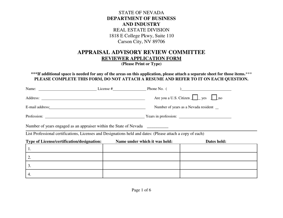 Reviewer Application Form - Appraisal Advisory Review Committee - Nevada, Page 1