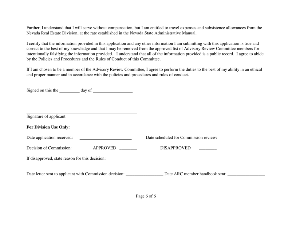 Reviewer Application Form - Appraisal Advisory Review Committee - Nevada, Page 6