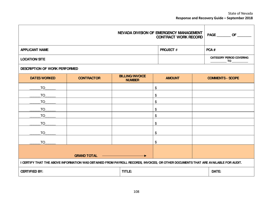Contract Work Record - Nevada, Page 1