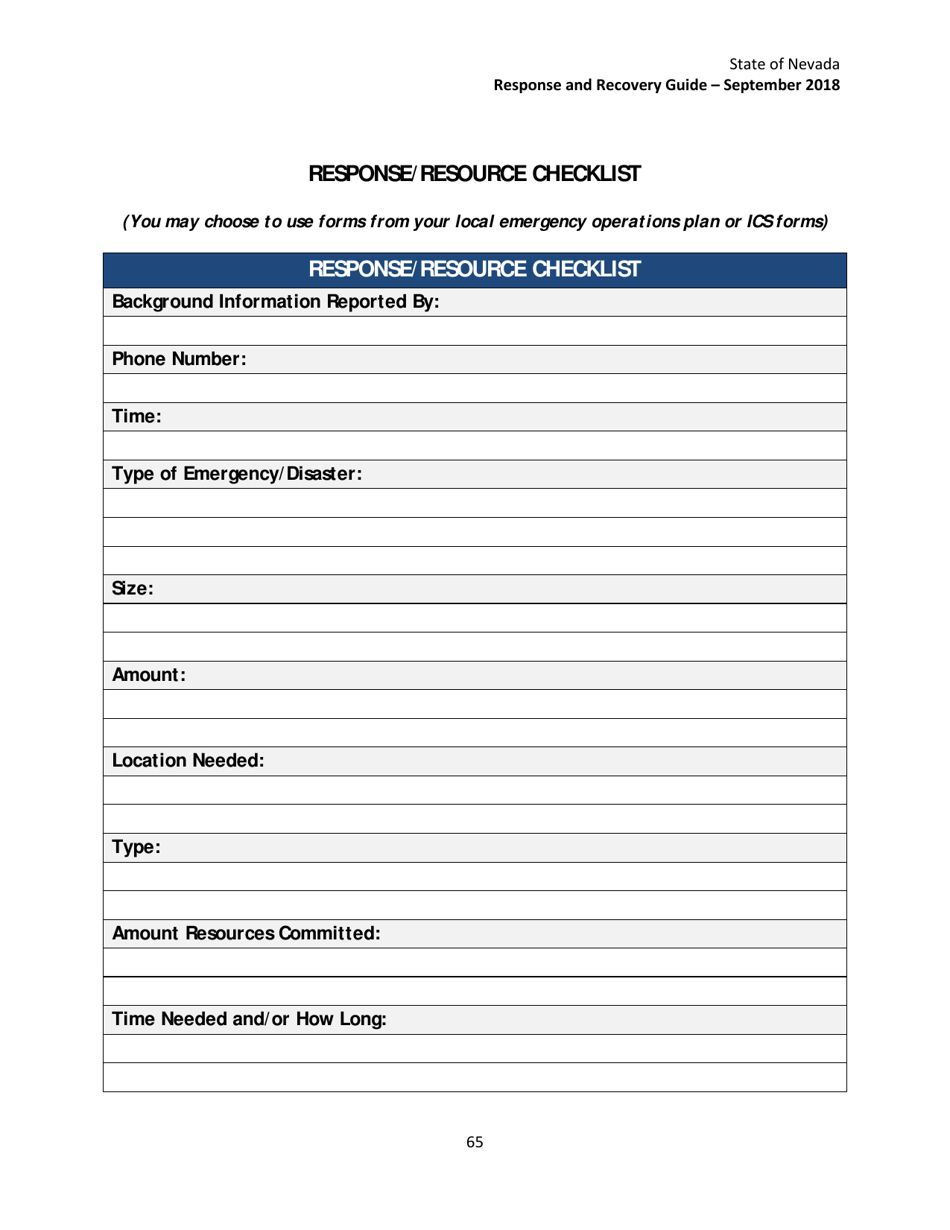 Response / Resource Checklist - Nevada, Page 1